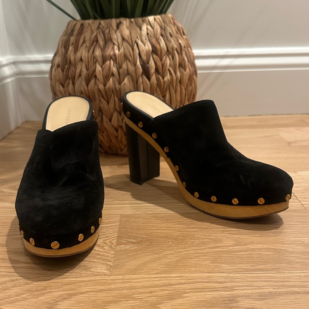 Veronica Beard Black Suede Studded Clog Mules with Wooden Platform